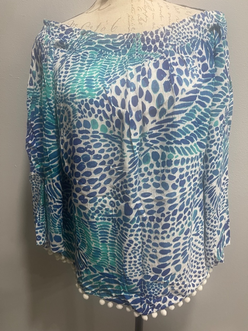 Lilly Pulitzer Blue & Teal Off-Shoulder Pom Pom Blouse